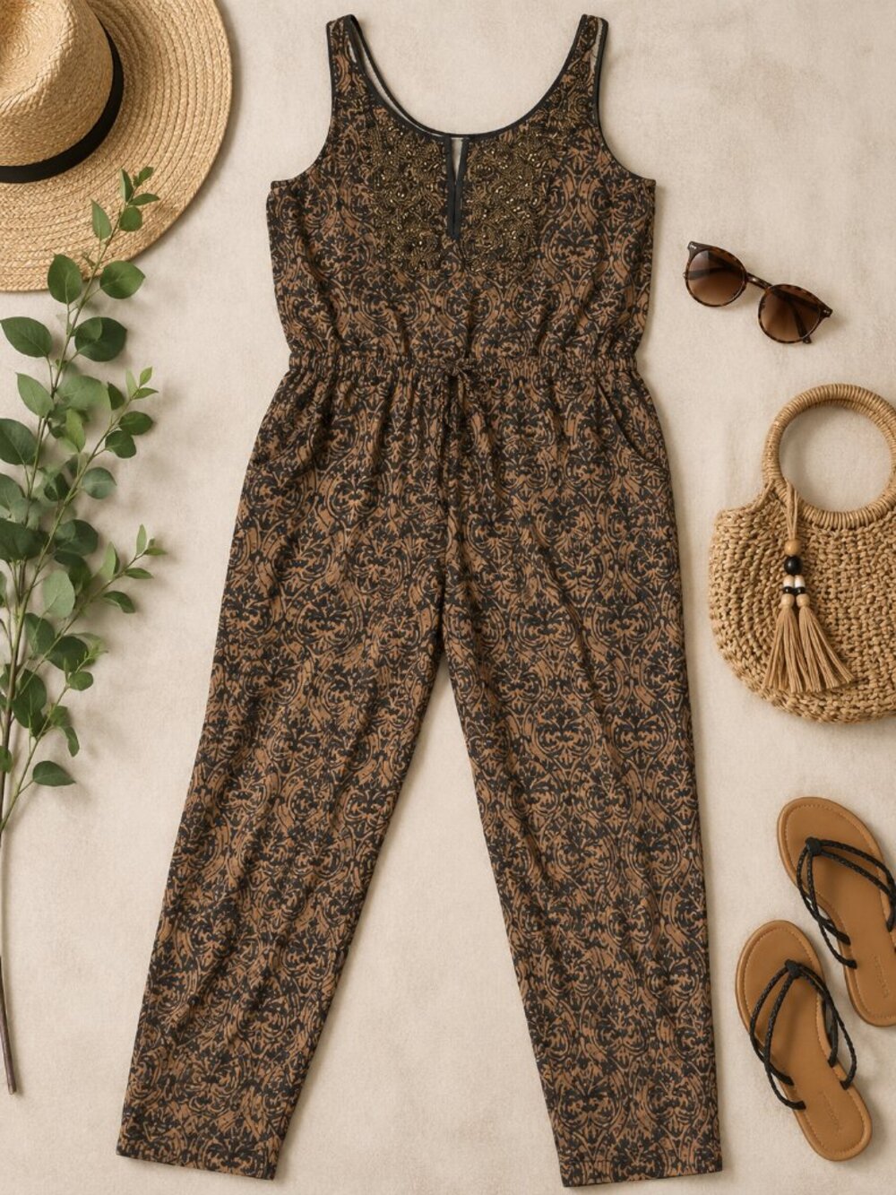Tiny Petites MP Brown Black Damask Print Rayon Jumpsuit Pockets Boho